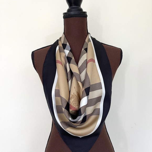 New Burberry Scarf Beige Check Black Border Silk Wrap - Picture 11 of 12